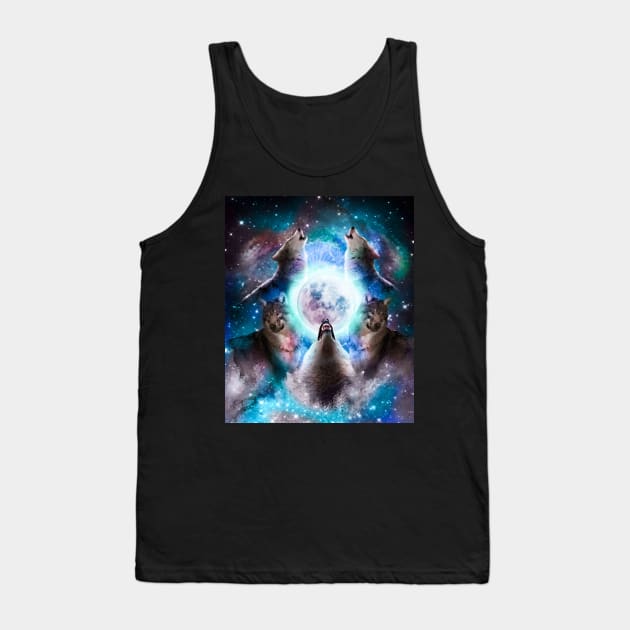 Cosmic Space Wolf Wolves Howling At Moon Tank Top by Random Galaxy